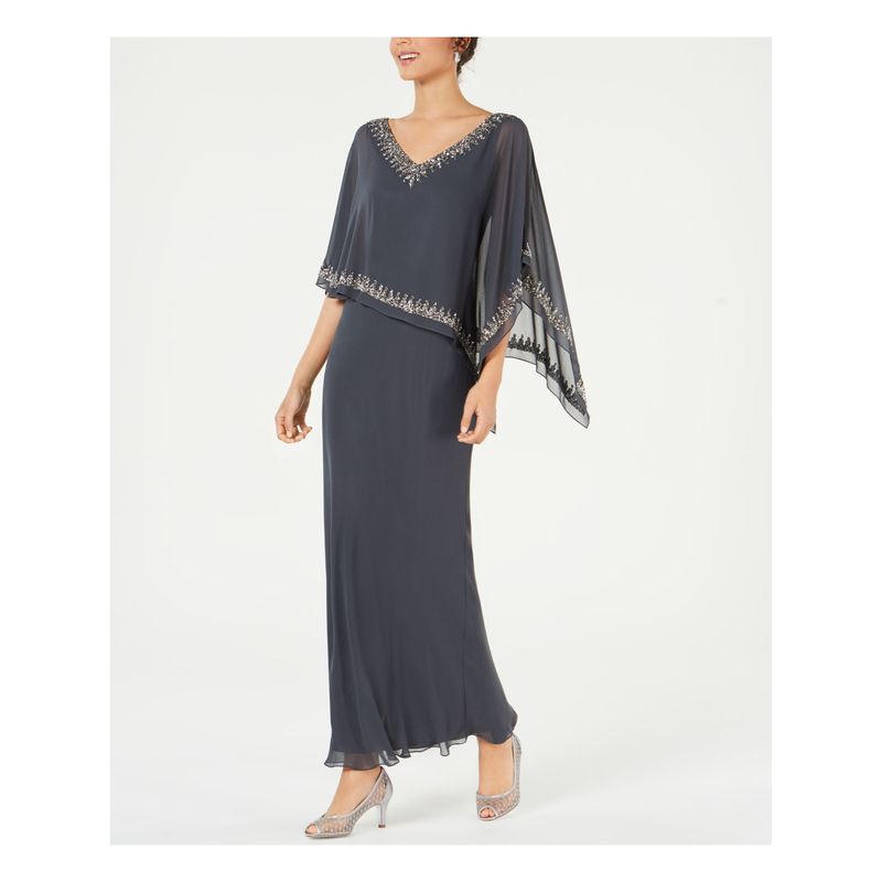 Nwt Jkara Womens Gray Beaded V Neck Maxi Evening Shift Dress 8